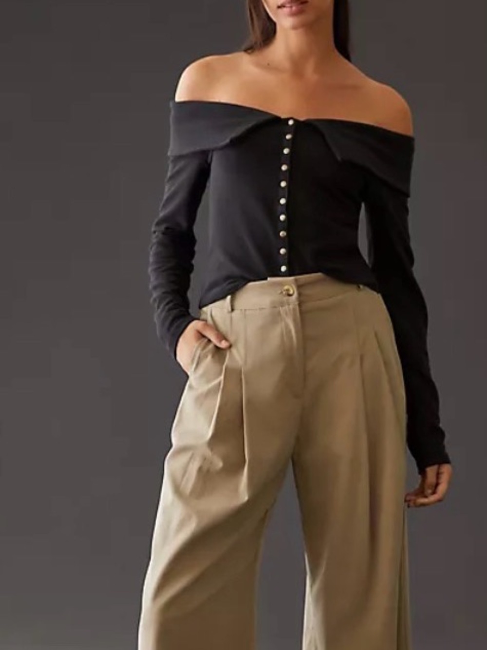 Maeve Off-Shoulder Black Top with Button Detail